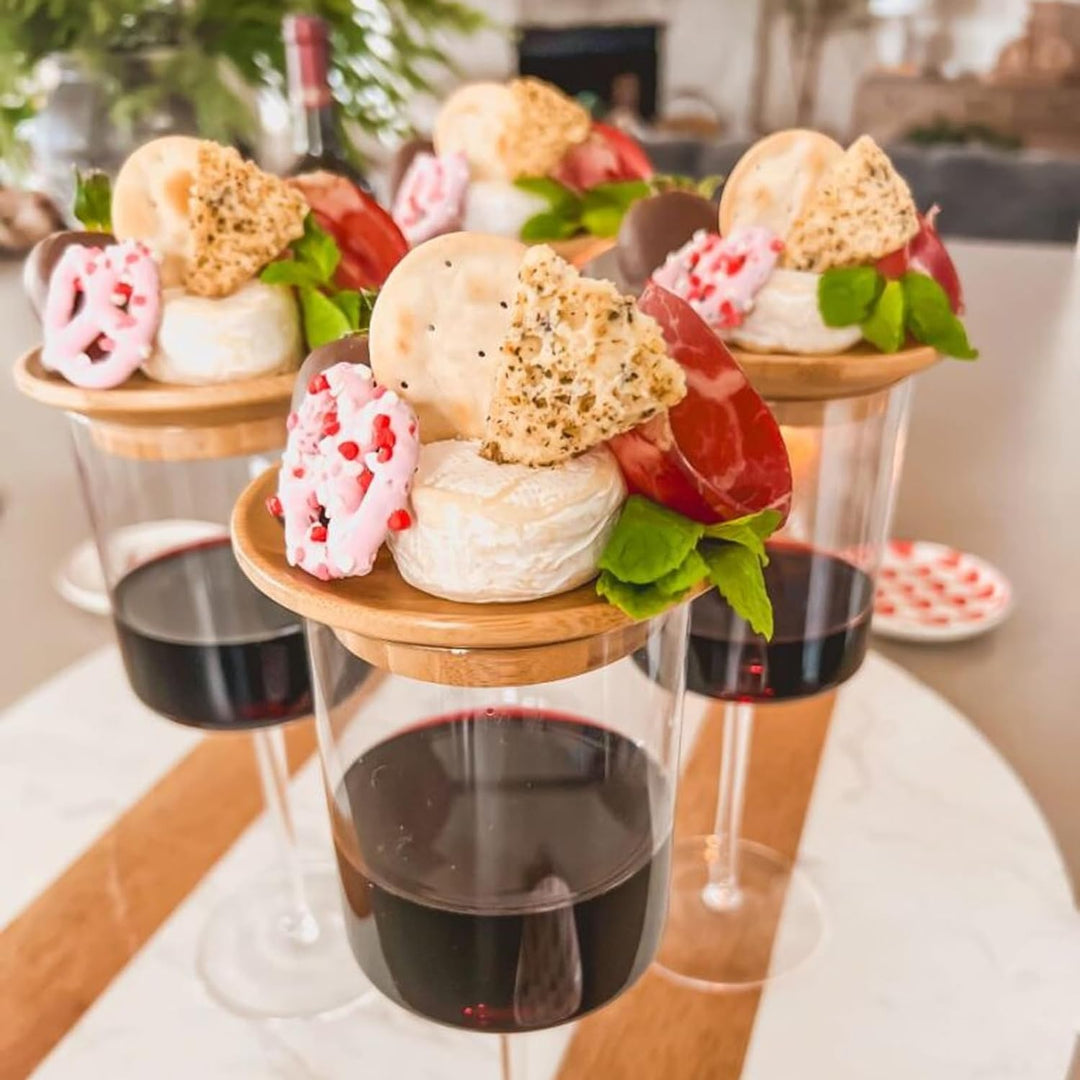 Elegant bamboo wine accessory, combines a coaster and charcuterie board for easy serving