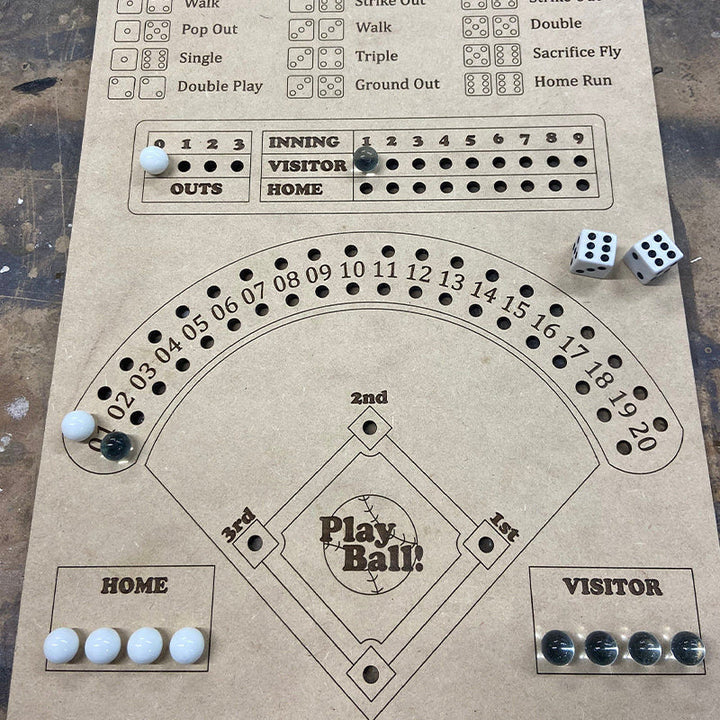 Overhead view of the Baseball Dice Board Game, showcasing the playing field and game components.