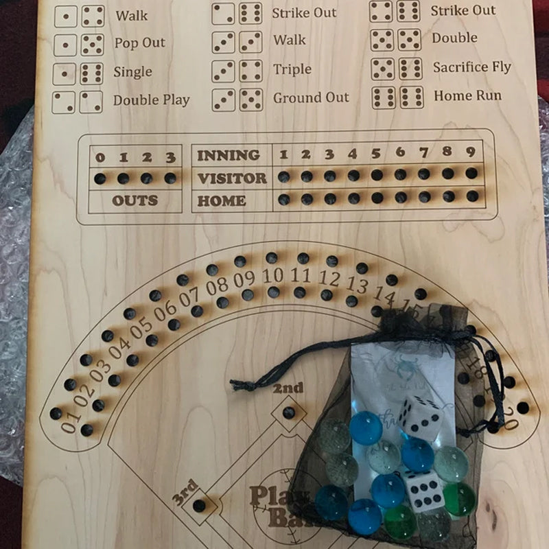 Baseball Dice Board Game featuring a smooth wooden board and colorful baseball-themed accessories.