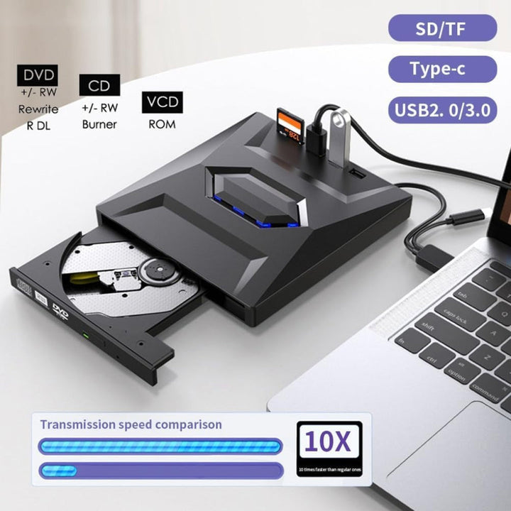 Black 7-in-1 USB external DVD player & CD/DVD writer drive with USB-C/A connectivity for laptops.