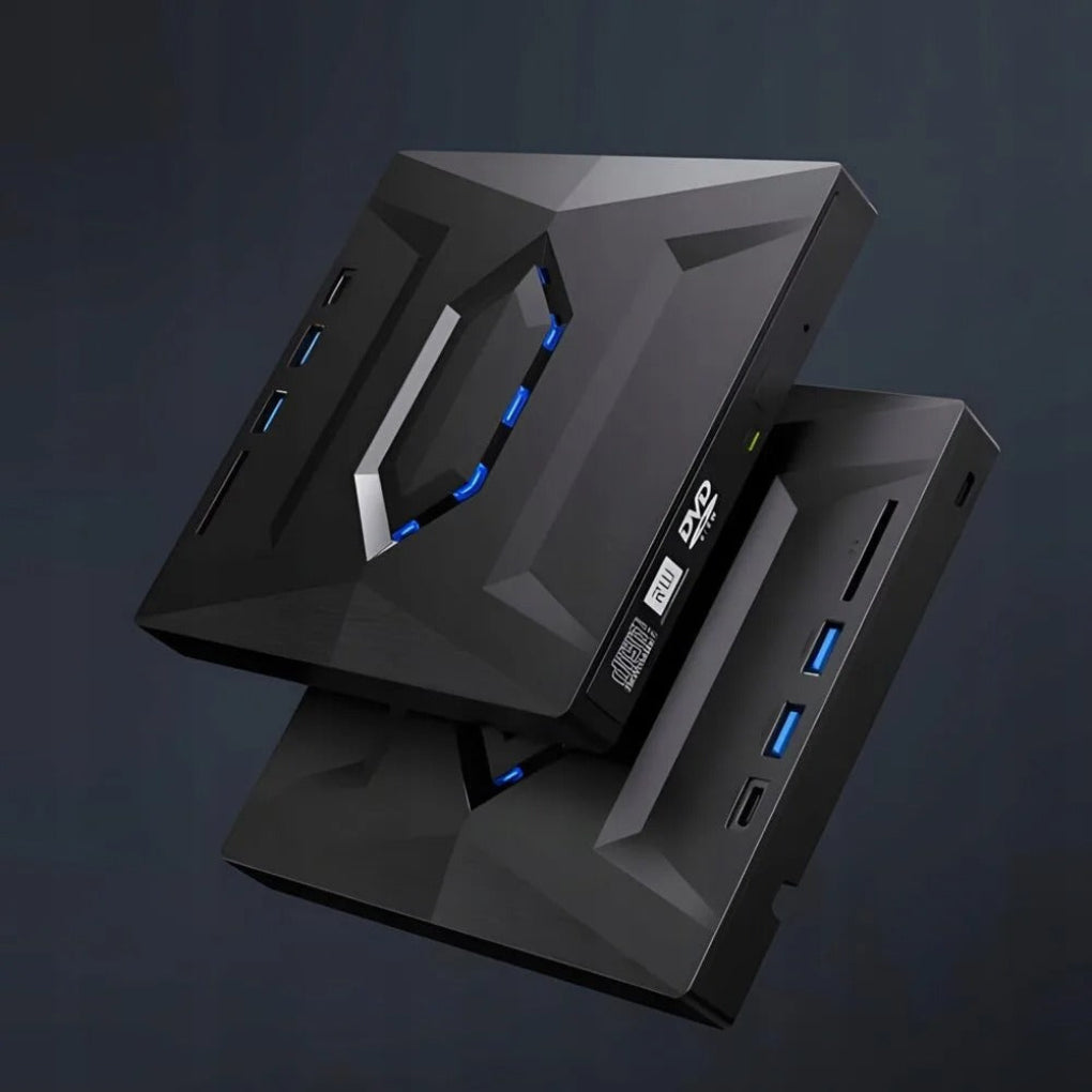 Portable black USB external DVD player & CD/DVD writer drive, compatible with USB-C and USB-A devices.