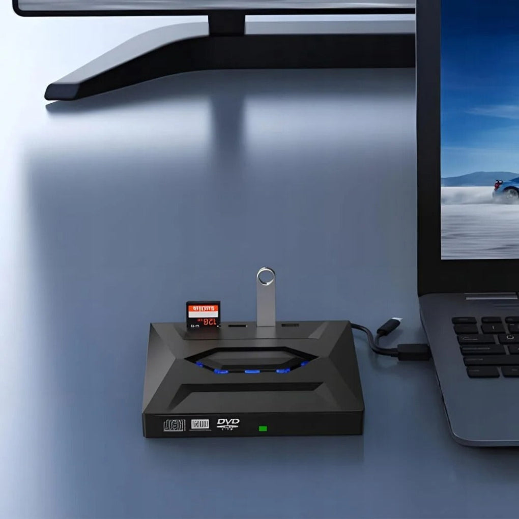 Multi-function black USB-C/A external DVD player, CD writer, & data transfer hub for computers.