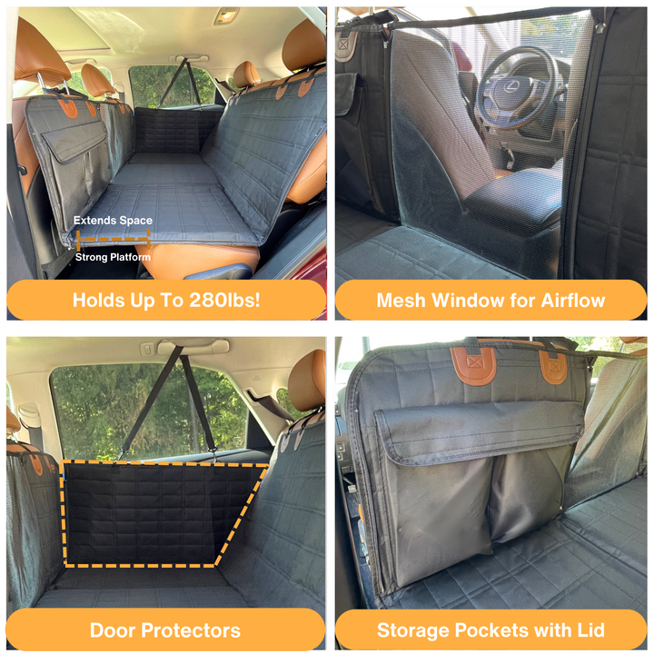 Durable black dog backseat extender & door covers. Secure car travel for pets, prevents falls.
