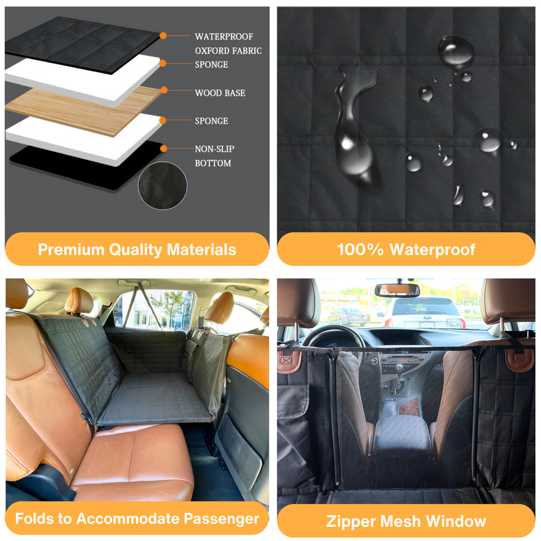 Full coverage black dog car seat extender. Waterproof back seat & door protection for pet safety.