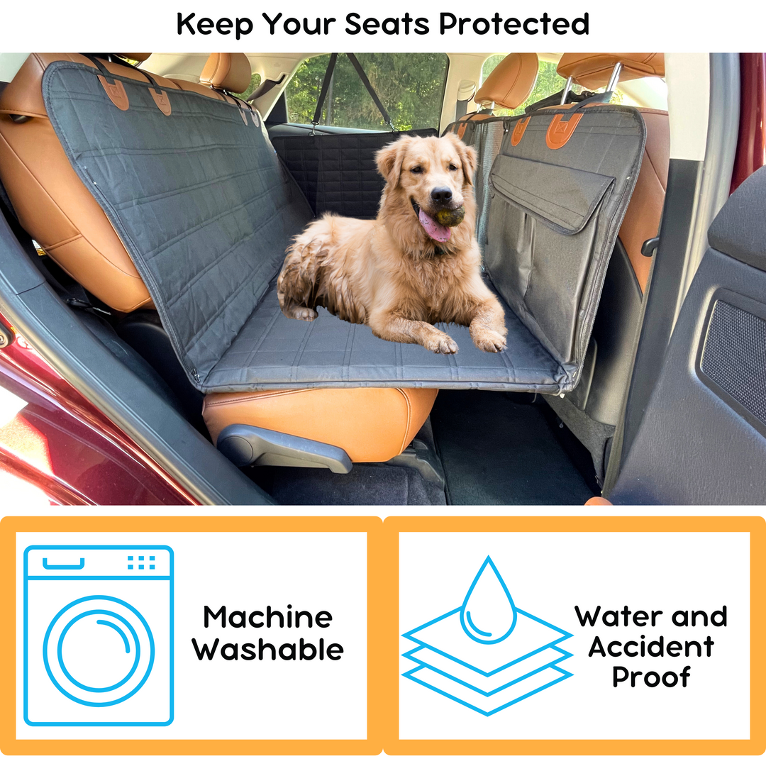 Pet safety black backseat extender with door panel covers. Ideal for secure & comfortable dog car travel.