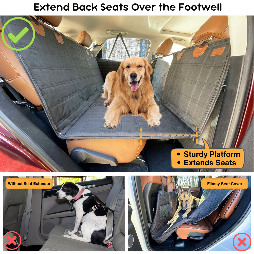 Black waterproof dog car seat extender. Protects backseats & doors from pets during travel.