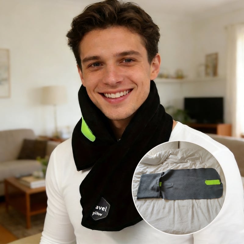 Unisex ergonomic travel neck pillow, illustrating its secure fit around the neck for stable support during travel.