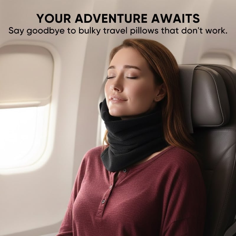 Coral red ergonomic travel neck pillow, folded for portability, perfect for travelers on the go.