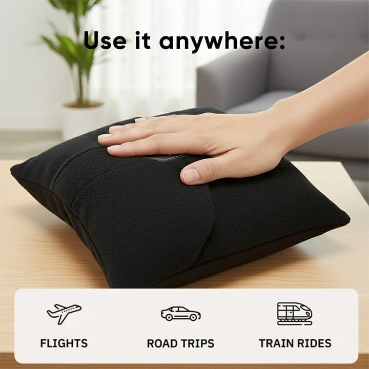 Unisex ergonomic travel neck pillow, demonstrating its use for comfortable resting during long journeys.