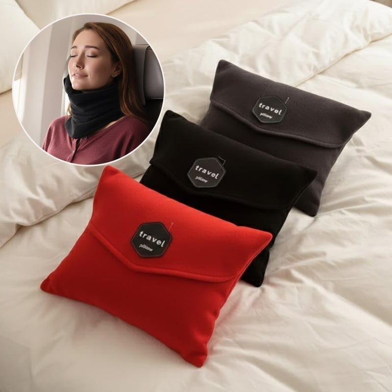 Black ergonomic travel neck pillow, showing its compact size for easy packing and portable neck support.