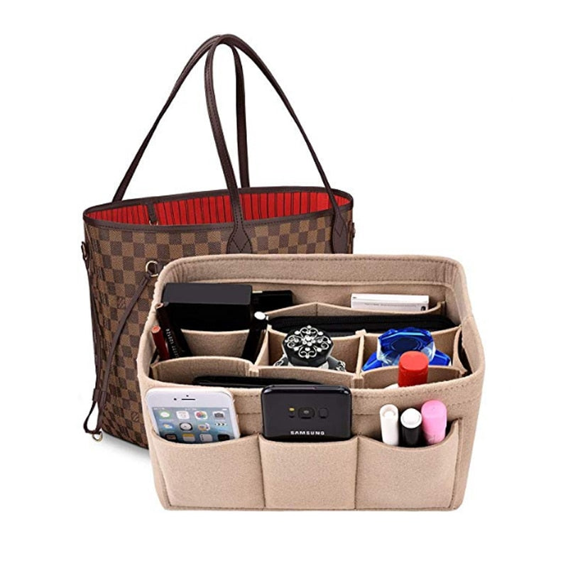 Black felt handbag organizer with 13 pockets for women's daily essentials & makeup storage.