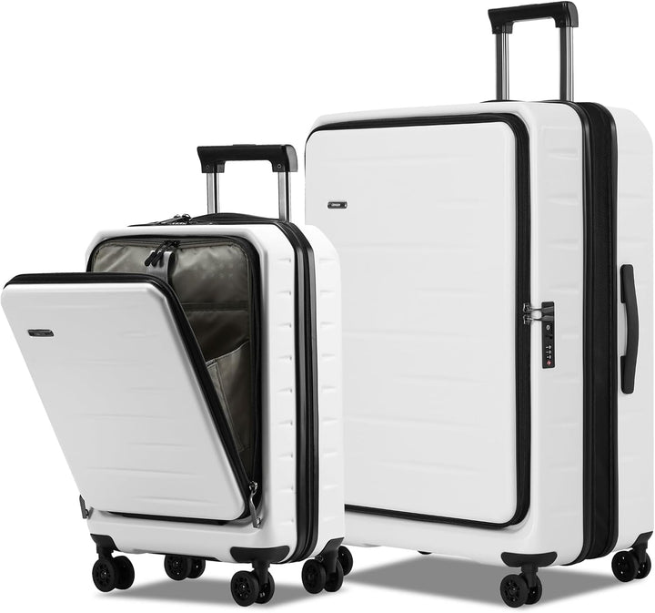 Blue hardshell carry-on suitcase, expandable, featuring a convenient front pocket & integrated TSA lock.