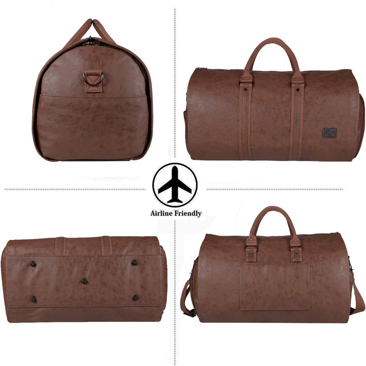 Interior view of black travel bag neatly holding a suit, shirt, & shoes in separate compartments. Organized.