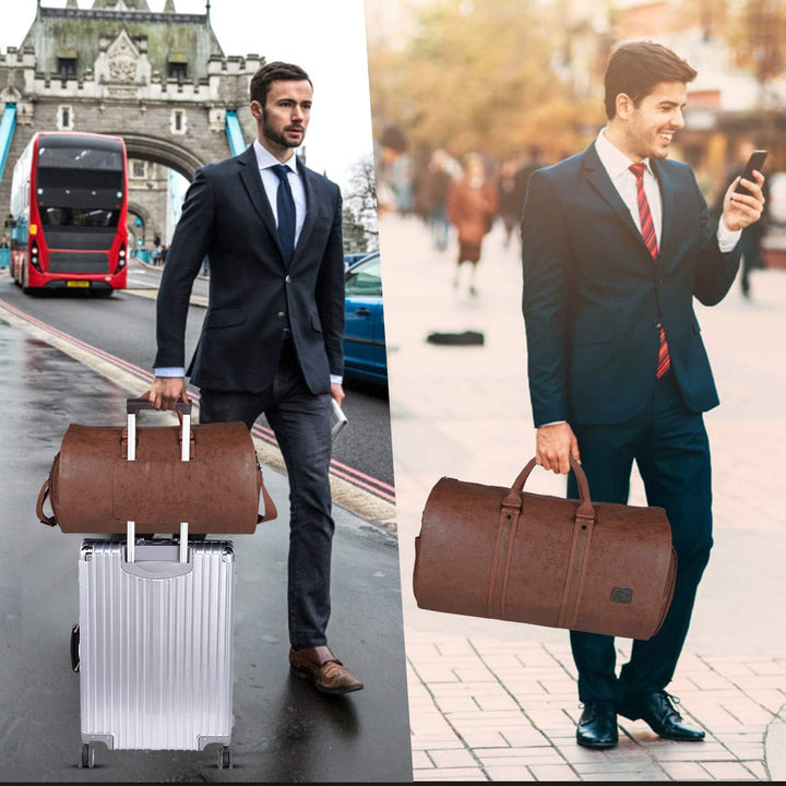 Black garment duffel bag with comfortable, adjustable shoulder strap for easy carry-on travel.