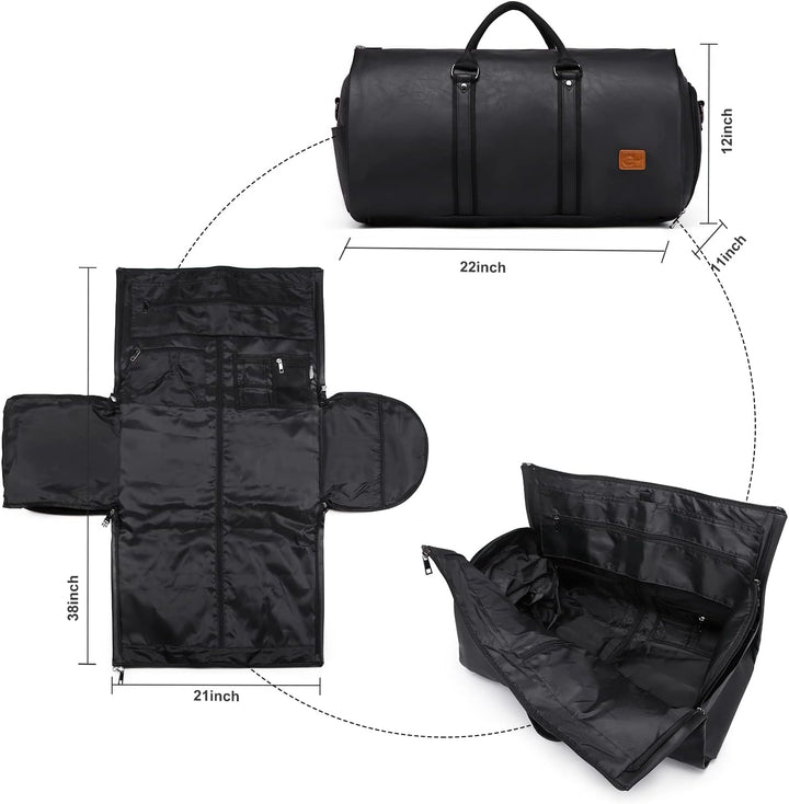 Exterior side pockets of black convertible travel bag for quick access & organized storage.