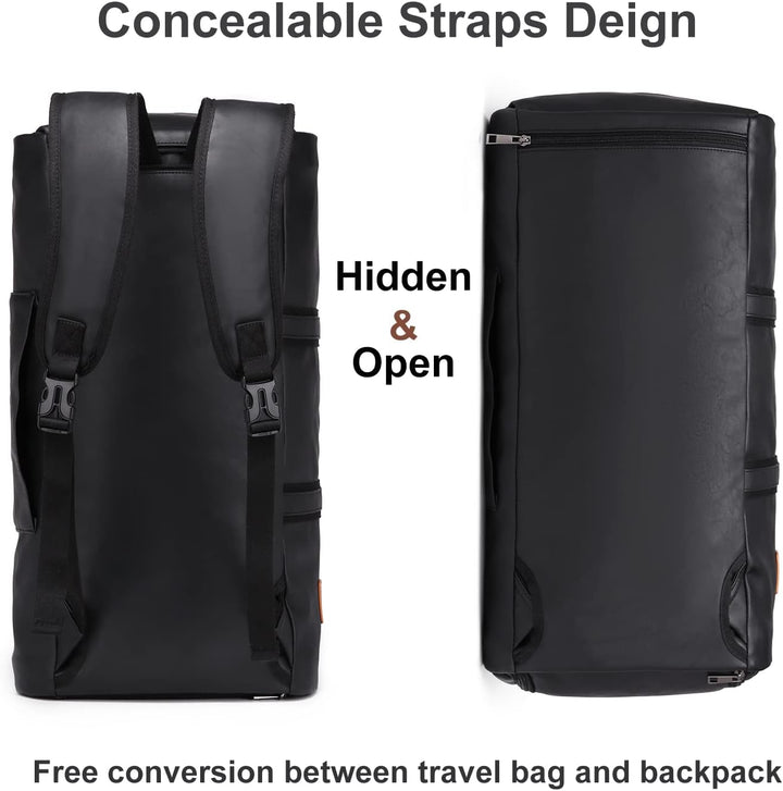 Ergonomic top handles of a black men's convertible garment duffel bag for comfortable carry-on travel.
