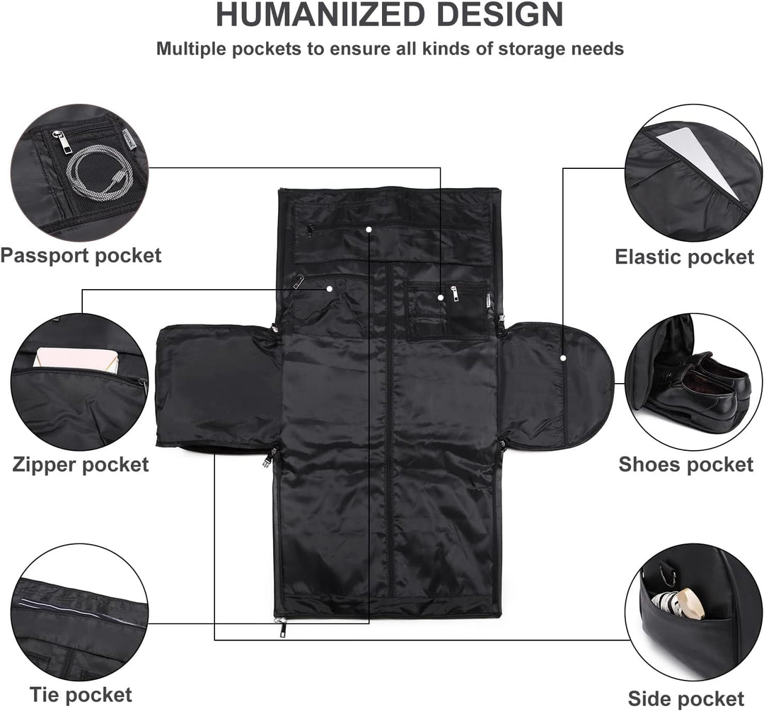 Versatile black garment duffel bag for gym, business, or weekend travel. A smart, organized carry-on.