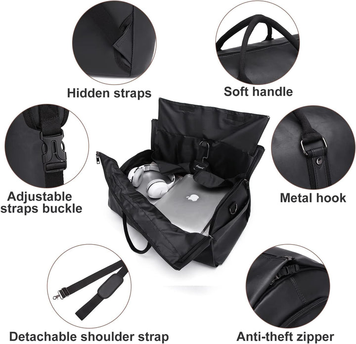 Transforming black travel duffel bag into a full-length suit garment carrier. Smart organized travel.
