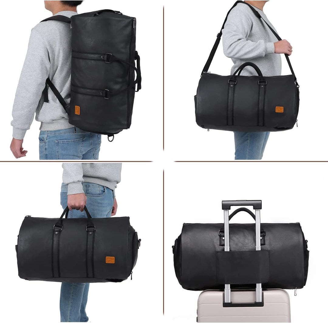 Open black garment bag section showing suit laid flat, wrinkle-free for business travel.