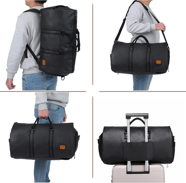 Open black garment bag section showing suit laid flat, wrinkle-free for business travel.