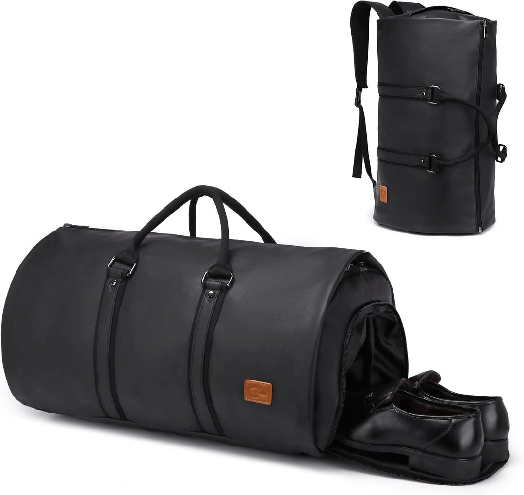 Spacious black duffel bag mode, ideal carry-on for weekend trips, with top handles. Organized luggage.