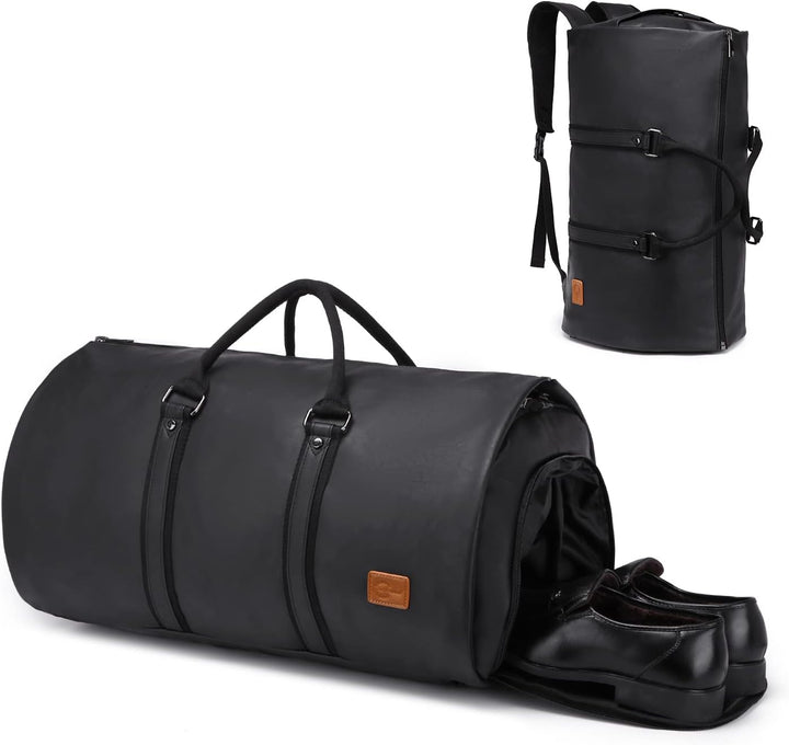Spacious black duffel bag mode, ideal carry-on for weekend trips, with top handles. Organized luggage.