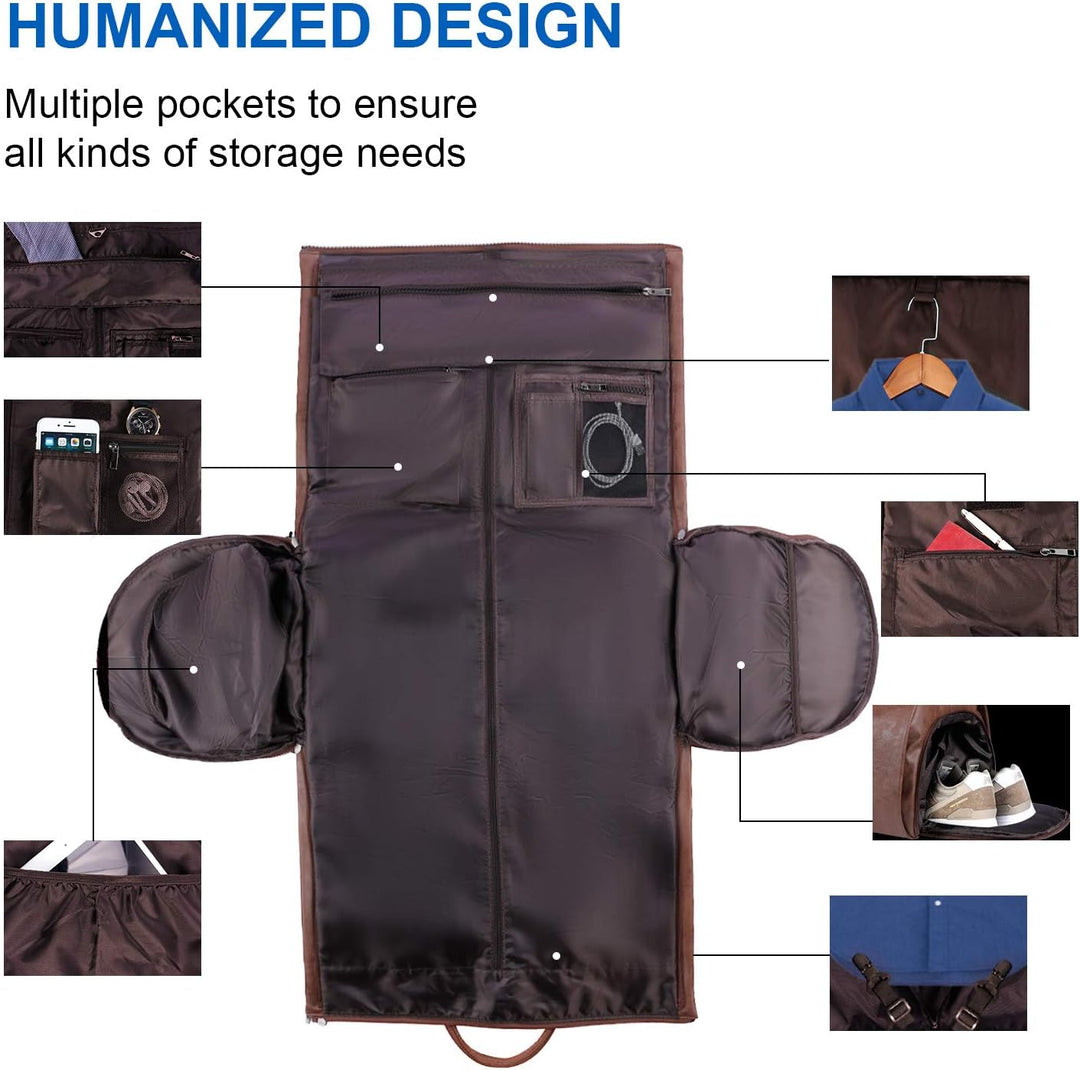 Black carry-on garment duffel bag fitting perfectly in an airplane overhead compartment. Business travel.