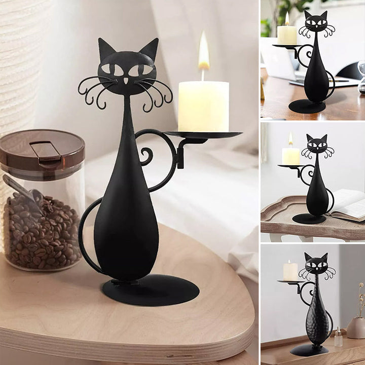 Black metal cat candle holder silhouette, perfect for cat lovers & home decor.