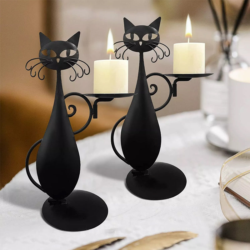 Detailed black metal cat candle holder, ideal as a gift for housewarming.