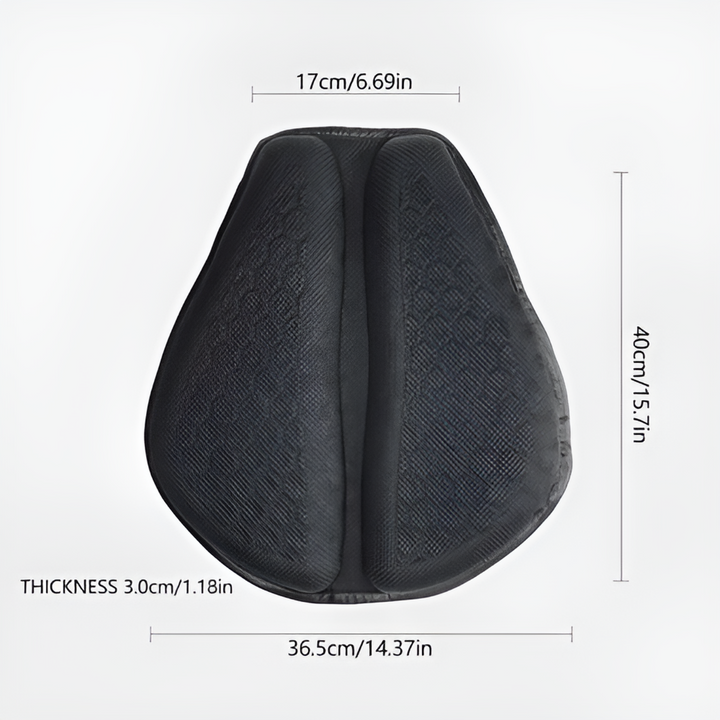 Comfort-focused motorcycle gel seat cushion, black, for touring riders, featuring vibration dampening technology.