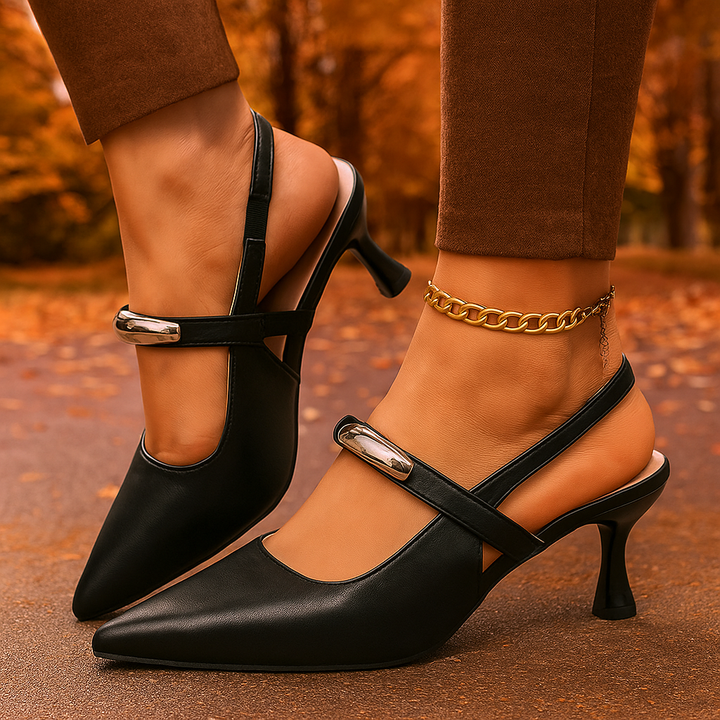 Women's black pointed toe slingback heels, elegant and comfortable evening shoes.