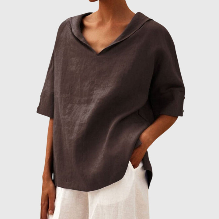 Brown long sleeve women's blouse, relaxed fit, ideal casual top for versatile fashion.