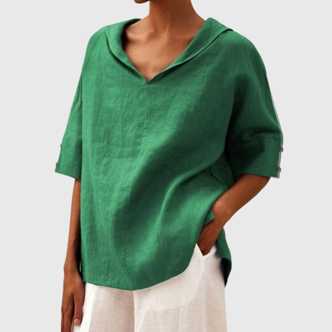 Green relaxed fit women's blouse, comfortable everyday wear, chic long sleeve top.