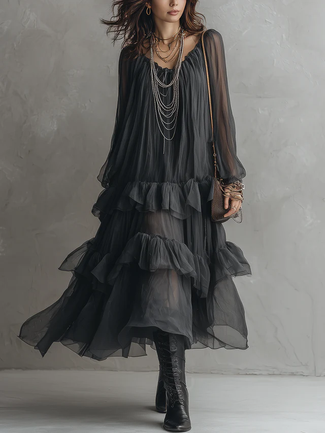 Black sheer tiered V-neck maxi dress for women, elegant boho style perfect for evening or summer parties.