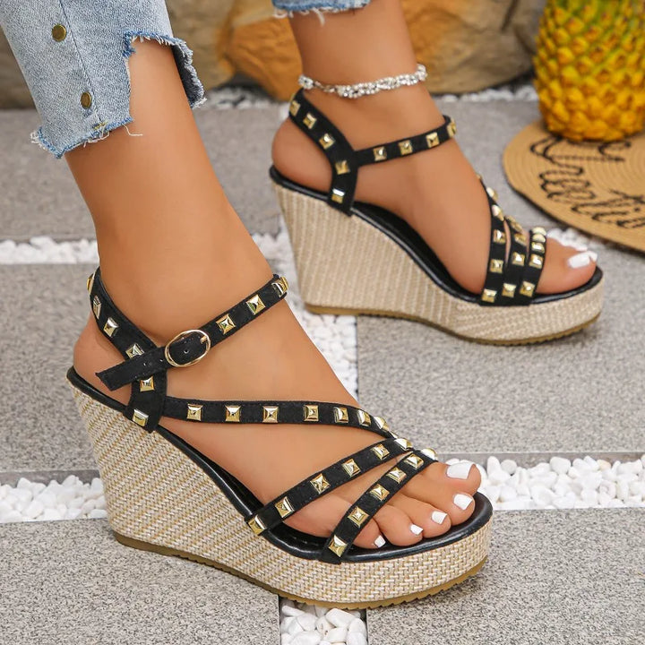 Black studded platform wedge sandals for women, ankle strap closure, comfortable summer fashion footwear