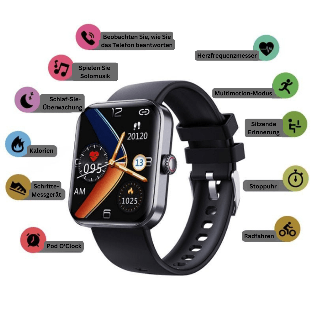 Close-up of black unisex smart watch, showing advanced features: blood sugar, heart rate, BP, sleep tracker.