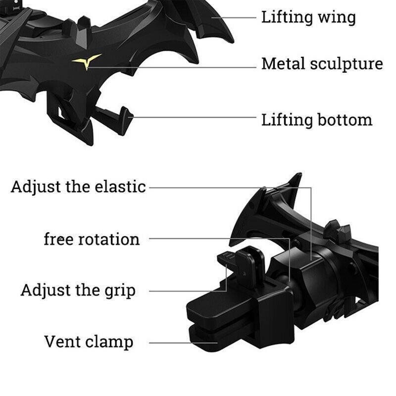 Close-up of a bat wing car phone holder, black, showcasing its gravity-grip mechanism