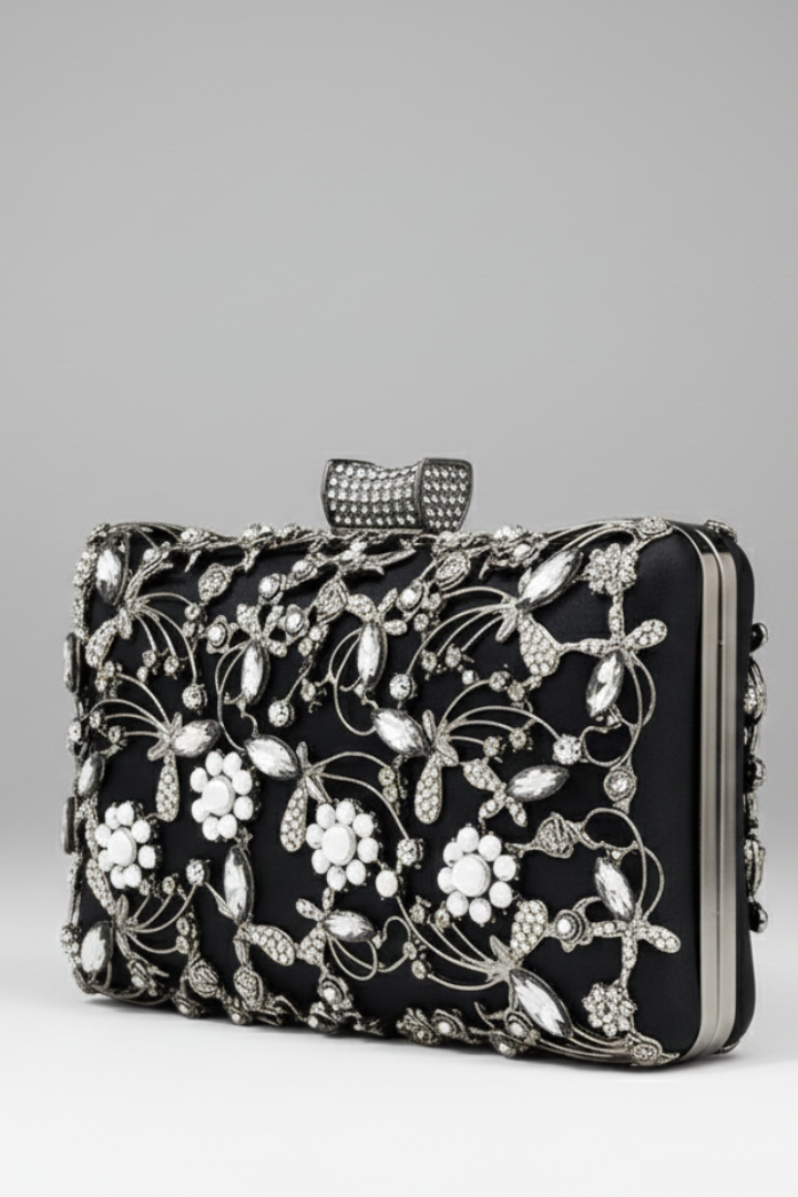 Stylish black evening shoulder handbag for women, featuring detailed gold embroidery & decorative sparkling stones.