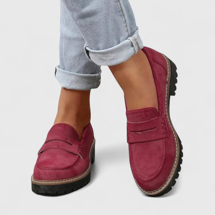 Brown women's comfortable loafers with superior arch support. Orthopedic slip-on shoes for casual walking & daily wear.