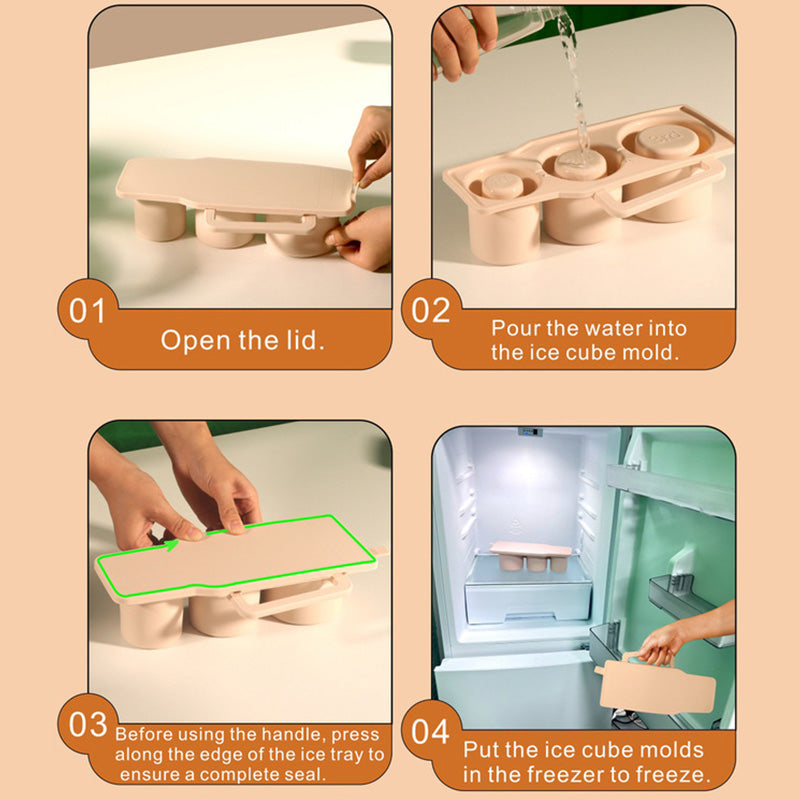 Hand holding a flexible silicone cylinder ice tray, demonstrating easy ice removal.