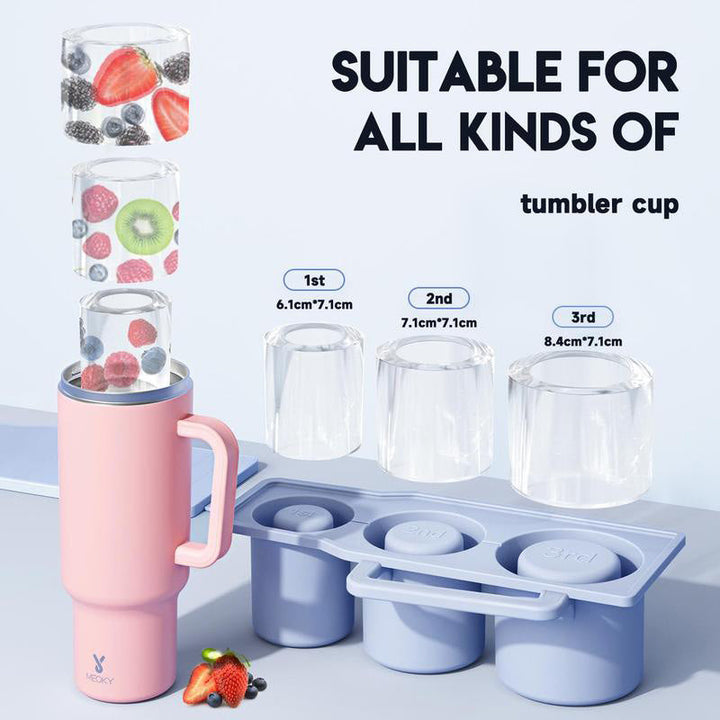 Cylinder ice cubes neatly stacked from a reusable silicone ice tray, home bar accessory.