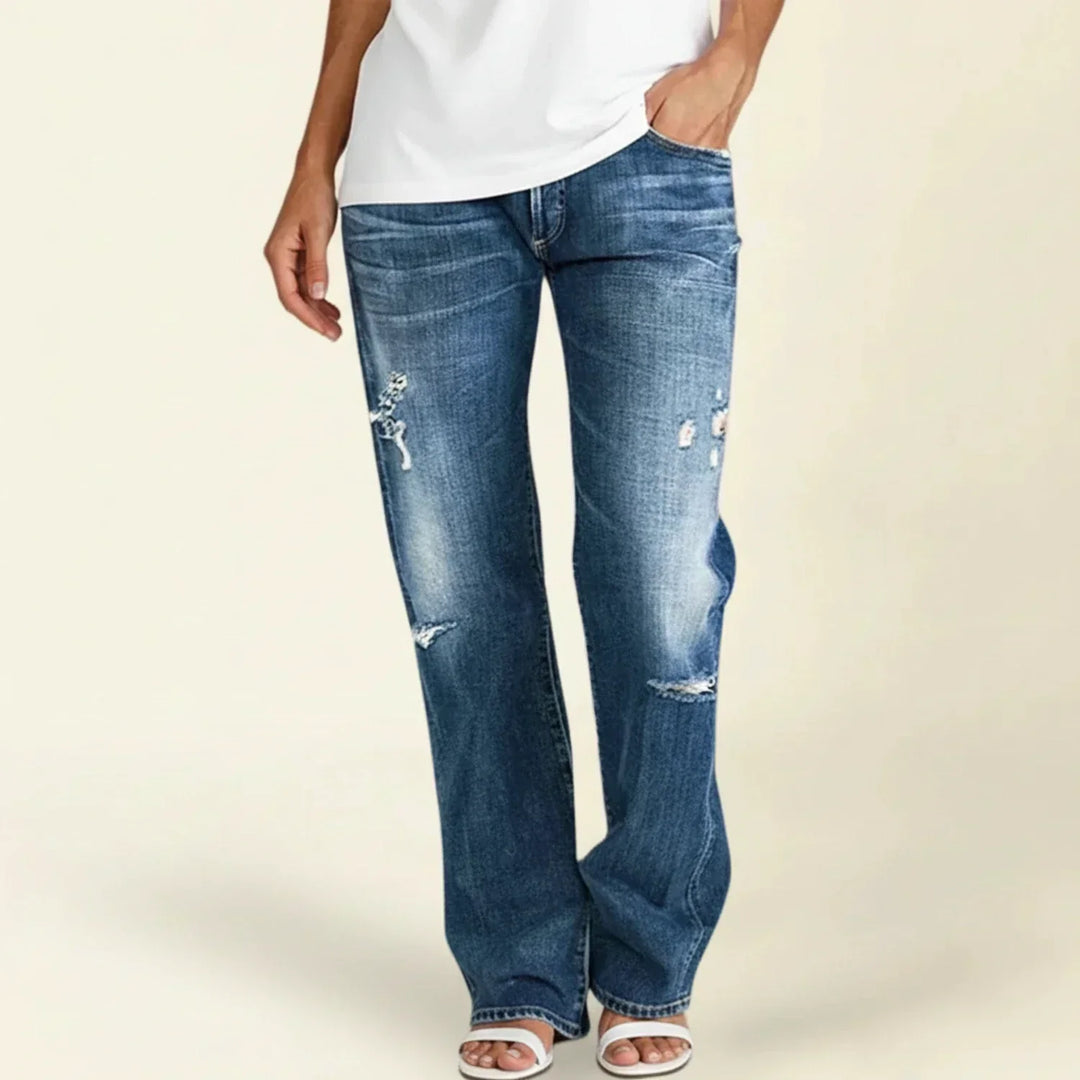 Blue women's effortless high waist ripped straight leg jeans, perfect for casual street style.