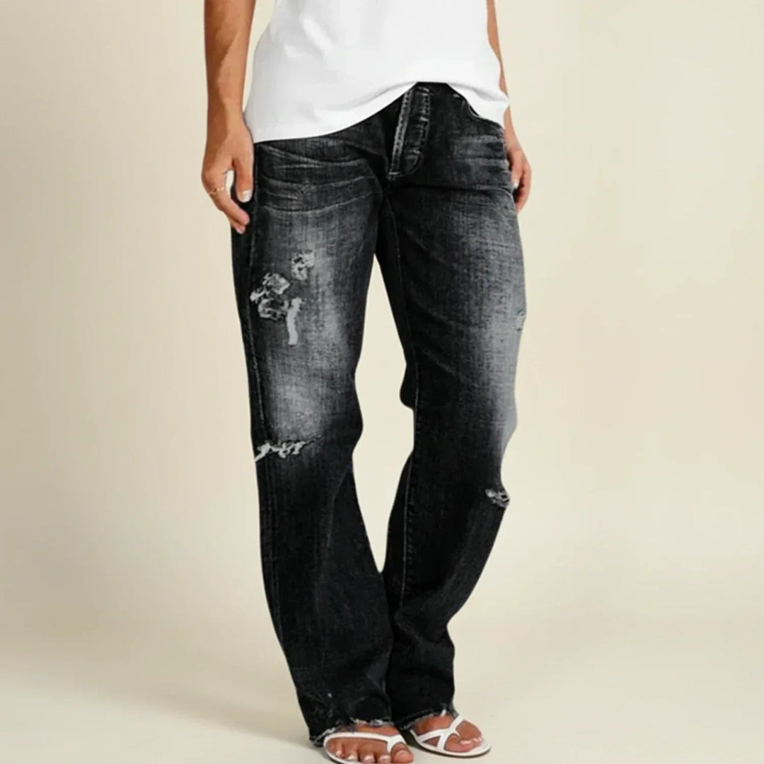 Light blue ripped high waist straight leg women's pants, featuring a trendy distressed look.