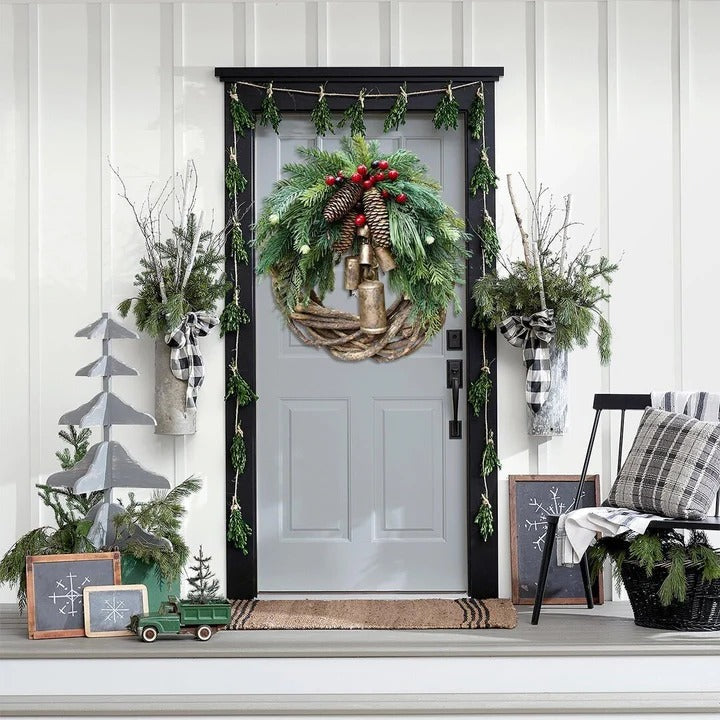 Elegant bohemian Christmas wreath, dried flowers, pinecones, and berries. Unique holiday accent.