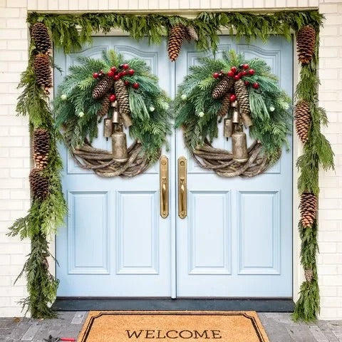 Distinctive bohemian Christmas wreath with vine base, dried florals & berries. Unique holiday decoration.