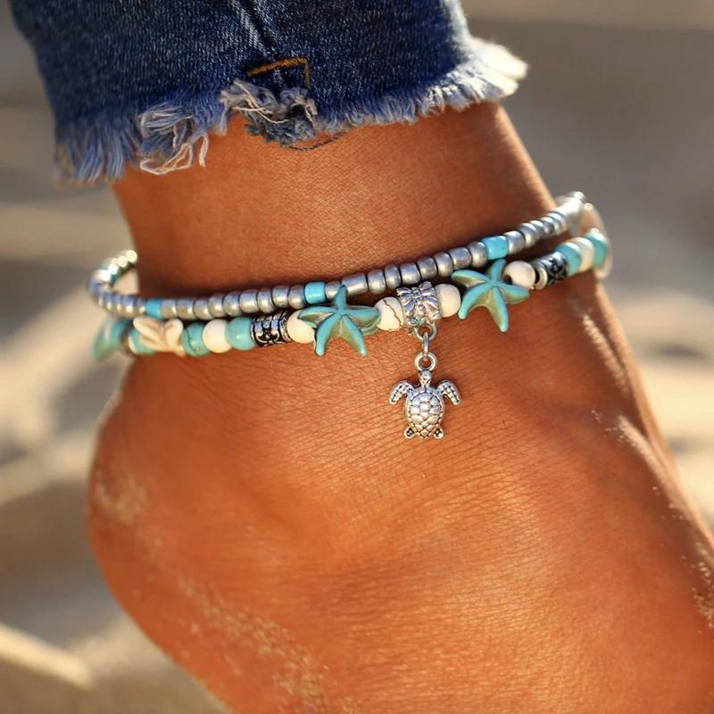 Bohemian sea turtle anklet with turquoise beads, perfect for beachwear and summer fashion.