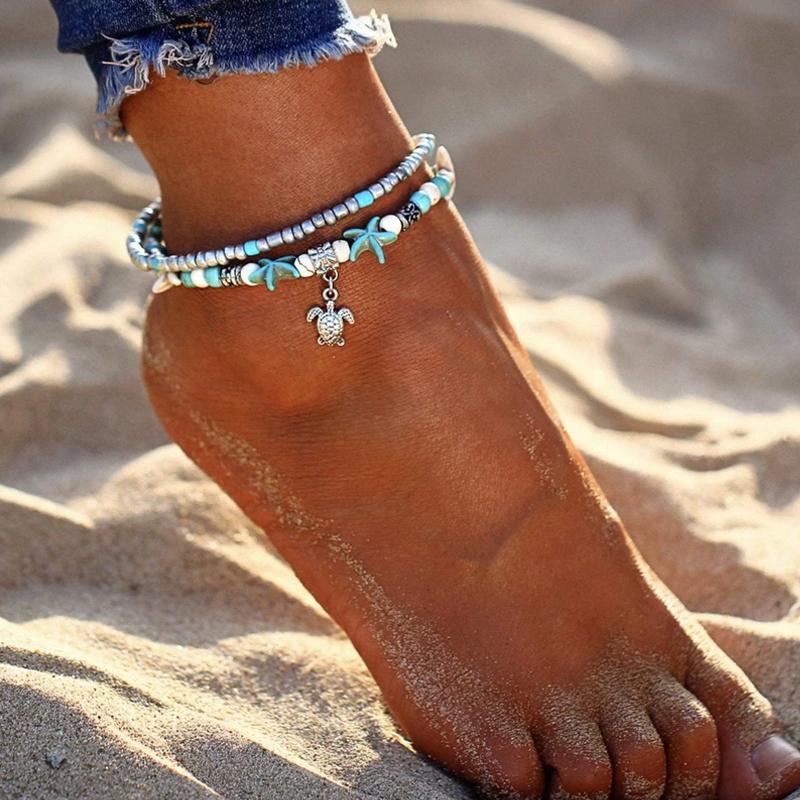 Women's bohemian sea turtle anklet, a stylish and unique jewelry gift for beach lovers.