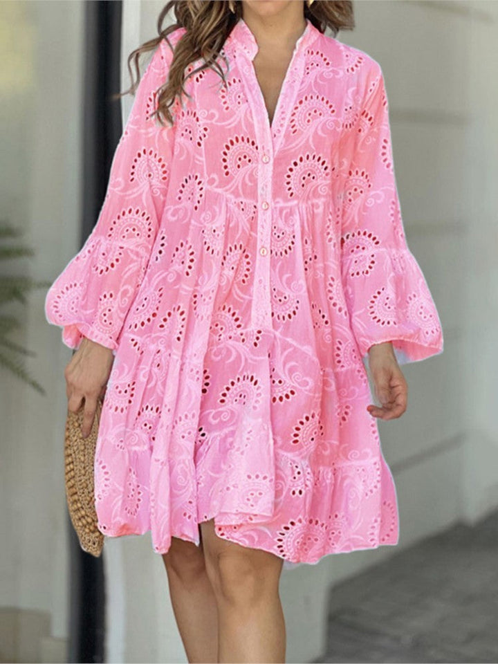 A-line women's tiered mini dress with delicate embroidery & bell sleeves. Stylish V-neck summer party dress.