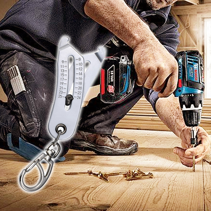 Handyman using Bolt & Nut Thread Checker Keychain Tool to identify a metric bolt thread