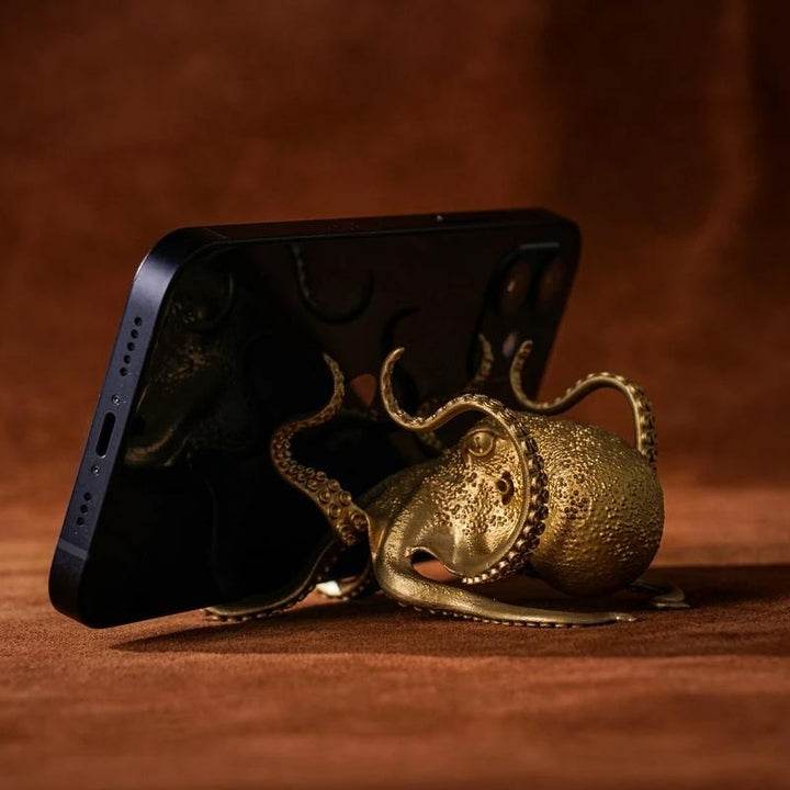 Unique brass octopus phone stand, ideal for desks and as an animal sculpture gift